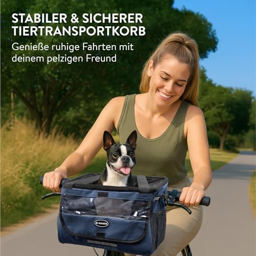 Navaris Hundekorb Fahrrad vorne - Hundefahrradkorb vorn - Fahrradkorb Hund - Für Hunde bis zu 10 kg - Praktische Zusatztaschen - Fahrradkorb Lenker mit Trageriemen - Blau