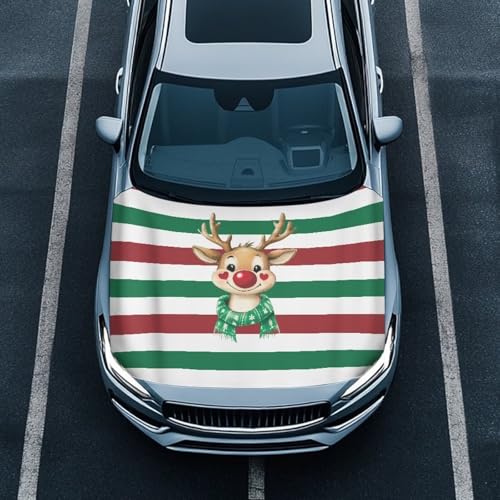 Image of Christmas Deer Car Hood Cover Polyester Elastic Fabric Protector for Car Hood Removable Automotive Accessories for Most Automotive Christmas Decoration and Gifts
