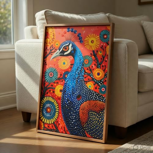 Image of Livin'luxe Colorful Peacock Folk Art Wall Painting with Wooden Frame | Vibrant Bird Artwork HD UV Laminated MDF Wall Decor | Modern Peacock Floral Art for Living Room Bedroom Home Decor