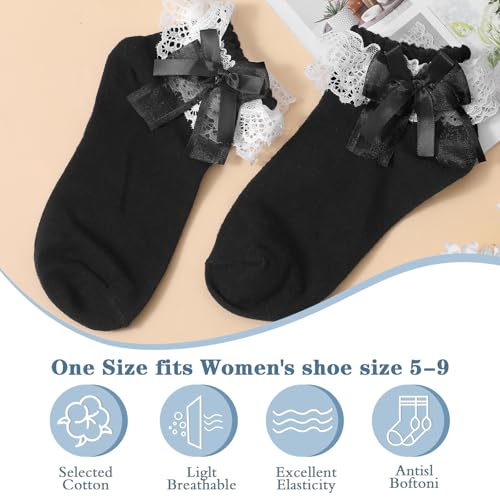 Image of Tyqour 1 Pair Ruffle Socks Women Black Lace Socks for Women Ankle Ruffle Frilly Socks, Comfortable and Breathable All Seasons