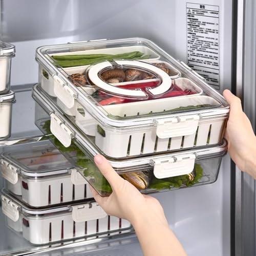 Vasukie Divided Fridge Storage Boxes With 4 Serving Veggie Tray with Lid and Handle, Fridge Organizer with Removable 4 Compartment, Fridge Storage Con