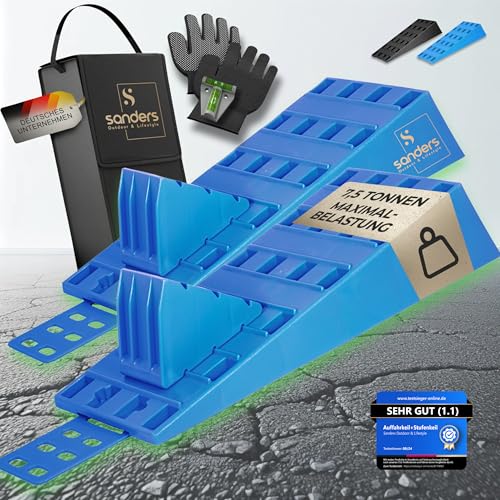 SANDERS Auffahrkeile - [2er Set] robuste Auffahrkeile für Wohnmobil Wohnwagen | Sicheres & Stufenfreies Nivellieren [<7 5t] Unterlegkeile - (blau)