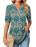 Anyally Womens Casual Notch V-Neck T-Shirts Summer Puff Short Sleeve Tops Cute Work Blouses, L Blue-khaki