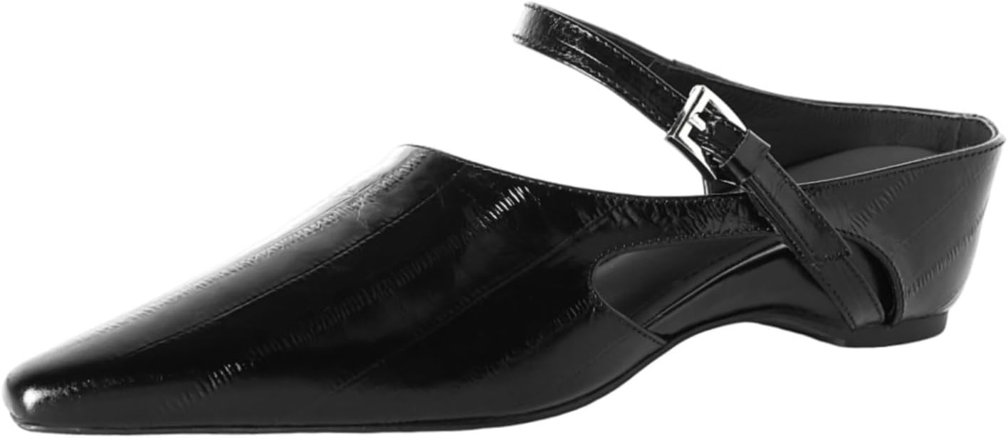 TinaCus Women's Pointed Toe Genuine Leather Mules Handmade Buckle Low Wedge Heel Slingbacks