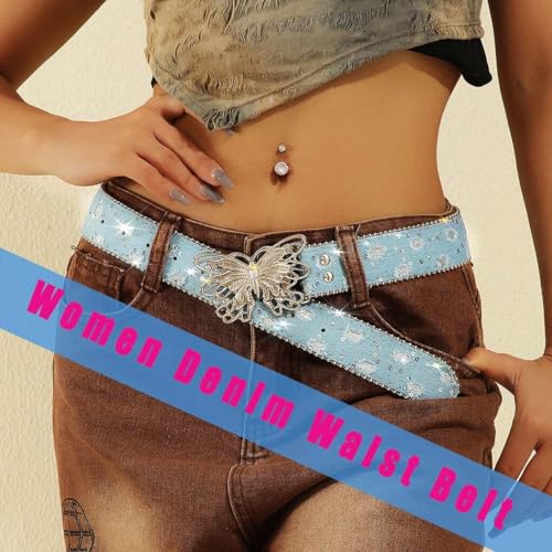 Image of Ursumy Women Denim Waist Belt Blue Jean Belt Butterfly Waist Belt Y2K Belt for Jeans Pants Ladies Cowgirls Cowboys Belt