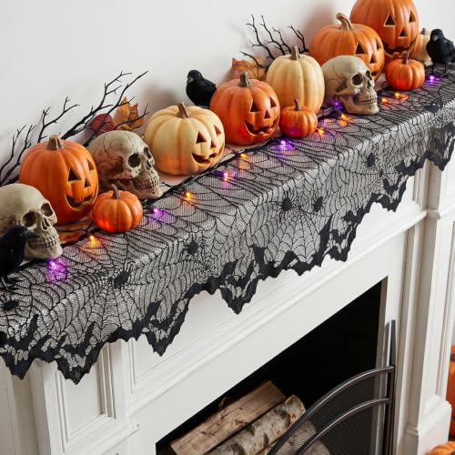 Image of Black Lace Cobweb Halloween Fireplace Mantel Scarf Cover Decor, 18x96 in