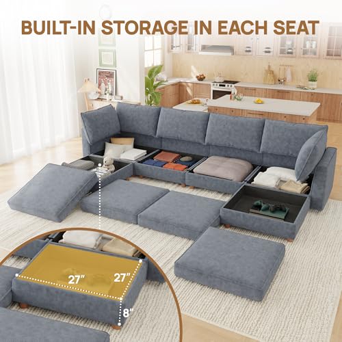 Image of 99 inch Modular Sectional Sleeper Sofa Bed with Storage & Washable Covers, 10-Seater Chenille Modular Sofa Bed with Movable Ottoman Chaise, Convertible Sleeper Sectional Couches for Living Room, Gray