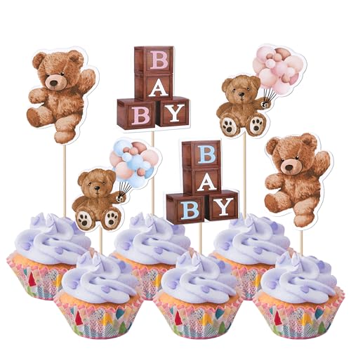 Xsstarmi 36 Pack Bear Cupcake Toppers Double Sided Bear Balloon Cupcake Picks Decoration for Gender Reveal Baby Shower Birthday Party Cake Decorations Supplies