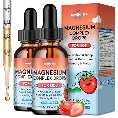 Image of Magnesium for Kids, Kids Magnesium Glycinate Liquid Drops with Calcium, Zinc, L-Theanine, Vitamin D3 K2, C for Sleep, Relaxation, Calm, Focus, Brain,Mood, Bones & Muscles - Strawberry Flavor 2 Pack