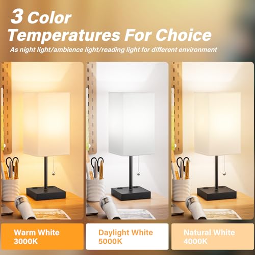 Image of Bedside Lamp for Bedroom - 3 Color Temperatures, USB A+C, 2 AC Outlets | Pull Chain Switch, LED Bulb Included, White Fabric Shade, 17.4 inch Table Lamp for Nightstand, Desk, Living Room, Office