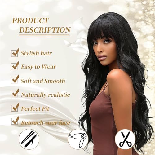 Long Wig With Bangs 26 Inches Synthetic Wavy Bang Wigs for Women Women Long Curly Heat Resistant Black Hair Wig for Girls Halloween Party Use (Black) - Image 2