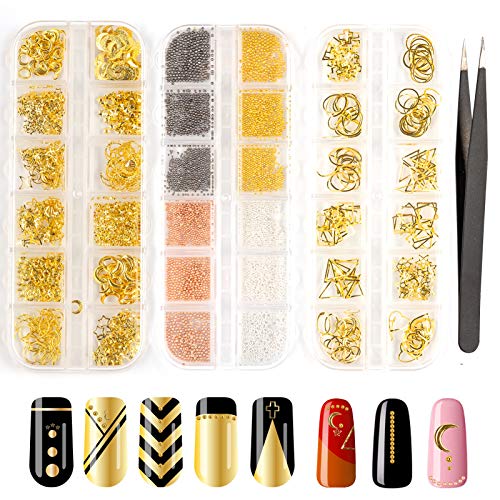 Gold Nail Studs 3D Nail Charms Caviar Beads for Nails, 36 Grids Metal Nail Art Supplies Including Mini Nail Micro Caviar Beads Nail Art Pearls Nail Rhinestones and Tweezers