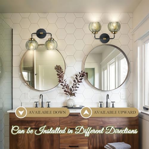 Image of 2 Light Bathroom Vanity Light Black and Gold Vanity Lights Vintage | Thick glass Bathroom Lights Fixtures Modern Wall Lamps Farmhouse Dining room Sconce art deco above mirror Lighting fixture