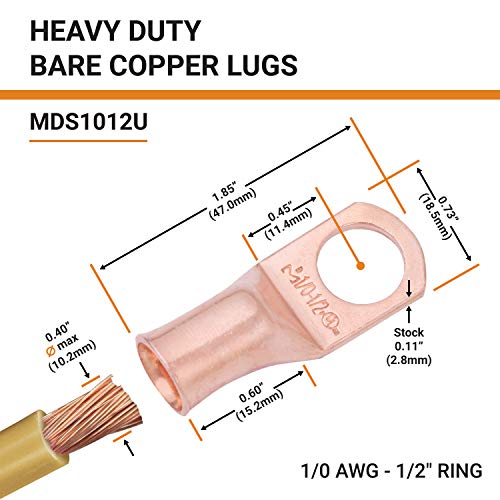 Selterm 5Pcs 1/0 Awg 1/2" Stud Copper Wire Lugs, Battery Lugs, Ring Terminals, Battery Cable Ends, 0 Gauge Ring Terminal Connectors, Ul Heavy Duty Bare Copper Eyelets Battery Terminal Connectors #TOP1