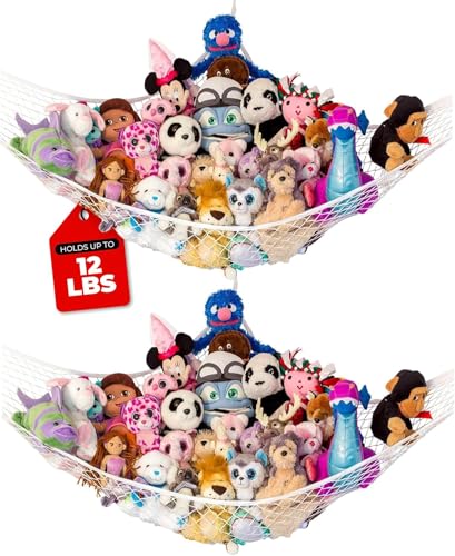 Image of Lilly's Love Stuffed Animal Hammock | Corner Hanging Organizer, Toy Storage, Stuffed Animal Storage Net | Made from Quality Fishing Net, Holds 12lbs | 67"x47"x47" (White, 2 Pack)