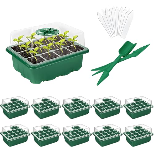 XCRUI 10Pack Seed Starter Tray with Humidity Adjustment Domes and Base Growing Germination Tray Kit with 120Cell Tray,Plant Starter Kit and Gardening Plant Germination Kit for Seed Growing Starting