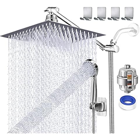 UPGRADED 12" Rain Shower Head with Handheld Spray Combo High Pressure Rainfall Shower head with 12" Extension Arm Free Shower Filter for Hard Water & Chlorine + Hose & 4 Hooks, Square Dual Shower Head Cover