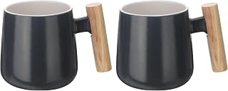 QUARKZMAN 2Pcs 12.85 Oz Ceramic Coffee Mug Wooden Handle Handmade Coffee Cups for Milk Coffee Tea Soup for Home Office and Gifts for Women and Men, Black