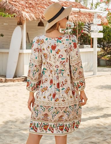 Image of Bluetime Women Casual Summer Dress Boho V Neck 3 /4 Sleeve Babydoll Floral Print Flowy Beach Dress