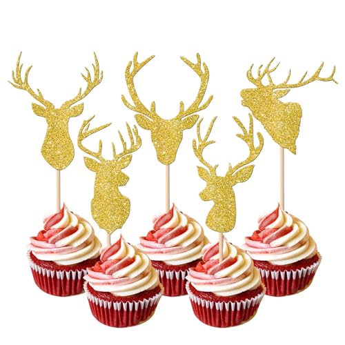 10 Stück Weihnachten Hirsch Cupcake Toppers, Weihnachts Hirsch Cupcake Topper, Braunes Glitzer-Geweih, Kuchendekoration, für Hochzeit,Geburtstag, Jagd, Partyzubehör