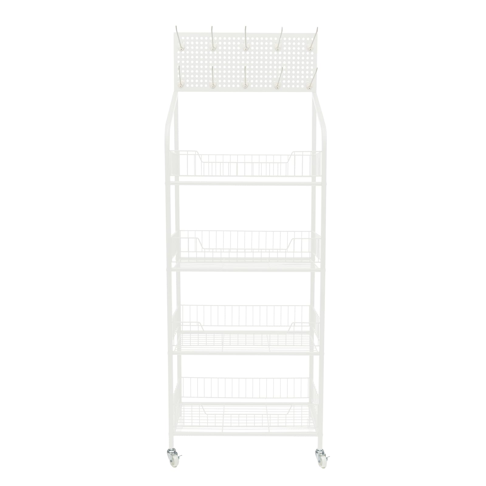 banborba 4-Tier Retail Display Rack, Retail Display Stand with Wheels & 10 Hooks, Snack Candy Display Organizer, Snack Rack, Basket Stand Cart, Metal Storage Shelf Stand for Snacks/Fruits/Tools(White)