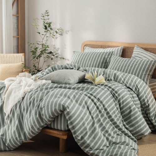 Image of BESTOUCH Striped Cotton Duvet Cover Set Linen Feel Alaska King | 100% Washed Cotton, Soft Wrinkle Texture, Hidden Zipper, 8 Ties, Breathable Lightweight Durable Comfy, 3 Pcs No Insert