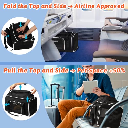 Image of Petskd Top and Side Expandable Pet Carrier 17x11x9.5 Inches Alaska Airline Approved, Soft-Sided Carrier for Small Cats and Dogs with Locking Safety Zippers and Anti-Scratch Mesh(Black)
