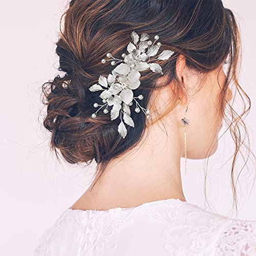 Bridal Hair Comb, Wekin Wedding Hair Comb Wedding Hair Accessories for Brides, Handmade Floral Hair Piece for Wedding(Silver 4.8")