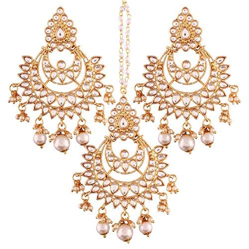 Aheli Ethnic Faux Kundan Drop Pearl Beads Dangle Earrings Maang Tikka Set Bollyood Wedding Party Fashion Jewelry for Women
