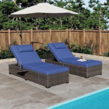 Outdoor Chaise Lounge Chairs,Wicker Patio Lounge Chairs Set of 2, Outdoor Patio Furniture Set, Rattan Reclining Beach Chair for Pool,Outside, Indoor,Brown Adjustable Backrest Lounger with Blue Cushion