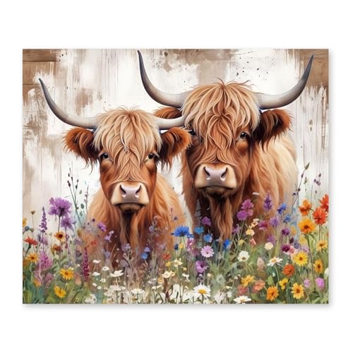 RLTXBUK Western Highland Cow Diamond Art Kits, Rustic Cottagecore Wildflower Highland Cow Gem Diamond Painting Art Kits for Adults Kids Beginners, Western Home Room Decor 9.8x11.8 Inch