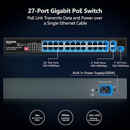 Nicgiga 24 Port Gigabit Poe Switch With 24 Port Poe+@300W, 2 Gigabit Uplink Port, 1 Sfp, Sturdy Metal For Desktop/Rack Mount, Ai Watchdog, Vlan Mode, Plug And Play, Unmanaged Power Over Ethernet #TOP1