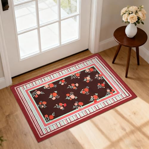 GarveeHome Red 2x3 Area Rug, Vintage Floral Machine Washable Small Rug, Non Slip TPR Backing, Soft Entryway Mat for Kitchen Bathroom Bedroom Nursery