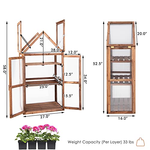 Ldaily Cold Frame Greenhouse, Wooden Raised Flower Planter With Removable Shelves, Triangular Top Grow Protection For Outdoor Patio Balcony Garden Backyard, 27" L X 16" W X 58" H #TOP6