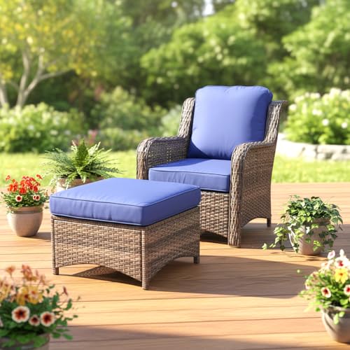 Peacabo 2 Pieces Patio Wicker Furniture Set, High Back Wicker Patio Chair Set with Ottoman, Outdoor Porch Chair with Thick Cushion for Balcony Deck Yard and Porch, Peacock Blue