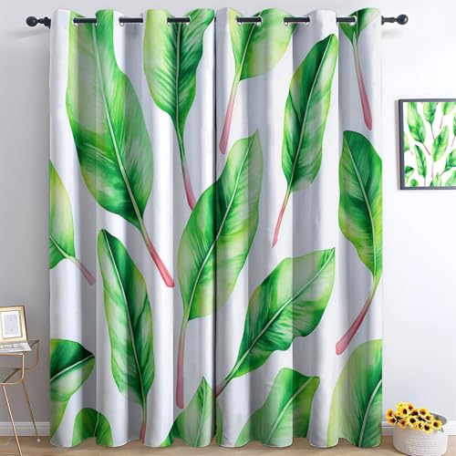 Srigzcaly Blackout Curtains - Boys Girls Eyelet Curtains Watercolour Plant Palm Leaves Thermal Insulated Darkening Window Drapes for Nursery Baby Bedroom, 2 Panels W117cm x D183cm, White