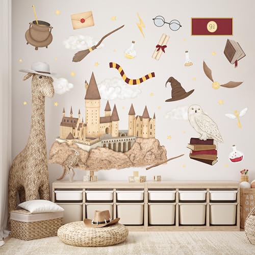 Wally Fox Vinilos decorativos infantiles   Vinilos decorativos   No tóxico, seguro   Set   Búho, Magia, Brujería, Hechiceros, Castillo   Marrón, rojo, amarillo   62,5x125cm