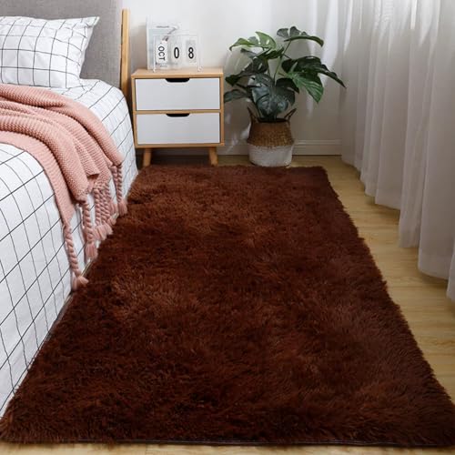 Hearda Flauschige Teppiche Wohnzimmer, Shaggy Teppich Hochflor Modern Große Weich Wohnzimmerteppich Langflor Plüsch mit rutschfest Unterseite Waschbar für Schlafzimmer (Braun B,140x200cm)