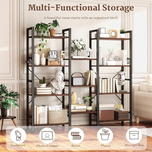 Image of Furologee Triple 4 Tier Bookshelf, Bookcase with 11 Open Display Shelves, Large Book Shelf with 6 Hooks, Rustic Bookshelves Storage Organizer, Decorative Shelving Unit for Living Room, Home Office