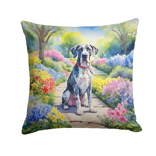Caroline's Treasures Great Dane Spring Path Throw Pillow Machine Washable, Indoor Outdoor Decorative Pillow for Couch, Bed or Patio, 14Hx14W