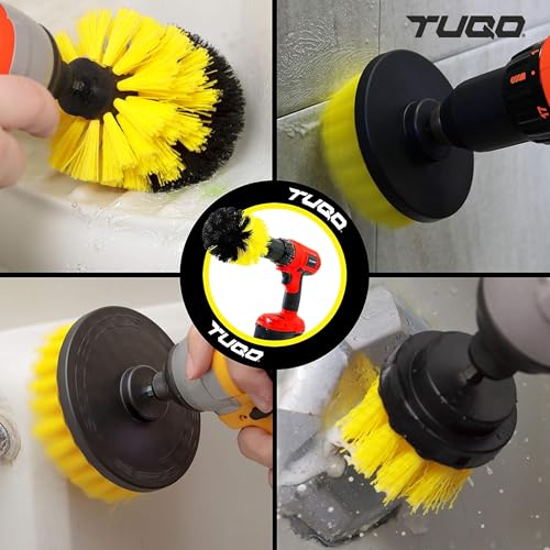 Image of TUQO SB20Y, DrillBrush Attachment Set - Power Scrubber Brush Cleaning Kit - for Bathroom Surfaces, Grout, Floor, Tile, Corners, Kitchen. etc. |Medium Bristles |Hex Shank Fits Most Drills |Yellow