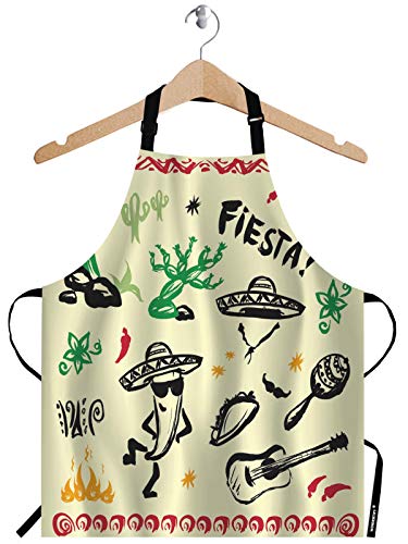 WONDERTIFY Mexican Symbols Doodle Design Apron,Cactus Guitar Sombrero Taco Skull Music Instruments Bib Apron with Adjustable Neck for Men Women,Suitable for Home Kitchen Cooking Waitress Chef Apron