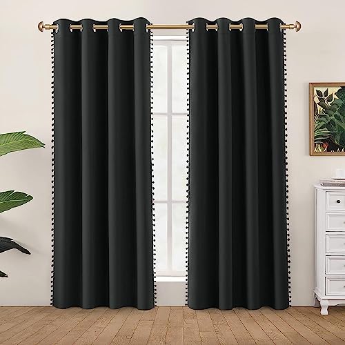 Image of Amazon Brand - Umi Velvet Eyelet Door Curtains with pom pom Lace for Living Room Bedroom Kitchen 1 pc Pack in Black Color (Door - 4 feet x 8 feet)