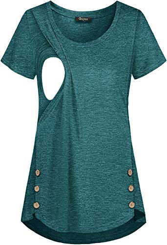 Quinee Breastfeeding Shirts For Women, Short Sleeve Crew Neck Double Layer Button Side Hip Length Convenient Plus Size Nursing Tops Maternity Tee Pregnancy Clothes Green M #TOP28