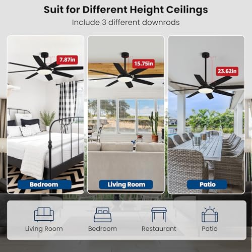 Image of Conciseer Modern 65 Inch Ceiling Fans with Lights and Remote for Living Room Home Office Indoor /Outdoor,3CCT LED 36W, Dual Color 8 Blades 6 Speed Reversible Quiet DC Motor, Black /Wood Grain