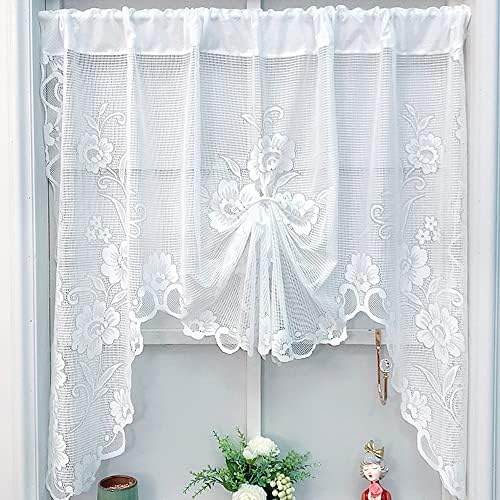 ZZC White Semi-Sheer Floral Lace Curtain Panel Waterfall Swag Valance for Kitchen Half Window&Bathroom Decoration(White Swag 1 Panel W55 L39 inch)