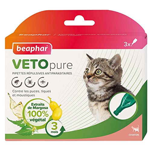 BEAPHAR – VETOPURE – Pipettes répulsives antiparasitaires pour chaton – Extraits de Margosa – Contre les puces, tiques et moustiques – Protection 3 mois – Facile à appliquer – 3 pipettes
