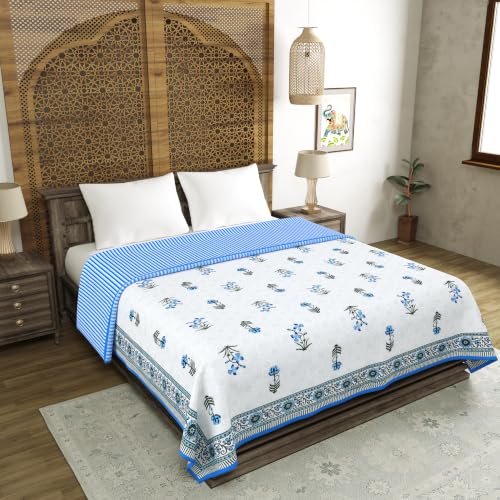 Image of BLOCKS OF INDIA 100% Cotton Dohar King Size Reversible Hand Block Printed Malmal Summer Dohar /Blanket (Blue Green Flower)