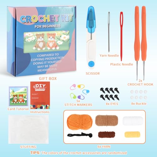 Image of StryWiin Crochet Kit for Beginners, 2 Pcs Cat Crochet Animal Kit with Step-by-Step Video Tutorials, DIY Beginner Crochet Kit for Adults, Ideal for Birthday and Holiday Gifts