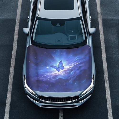 Image of Car Hood Cover Protector,Waterproof Polyester Breathable Print Hood Covers for Cars,Decoration Universal Car Accessories Blue Butterfly Star Print